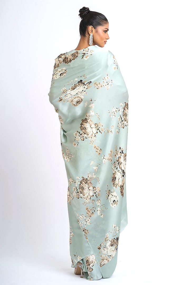 Pearl Blue Pure Satin Silk Abstract Floral Printed Party Wear Saree by Studio 113 at Pernia's Pop Up Shop