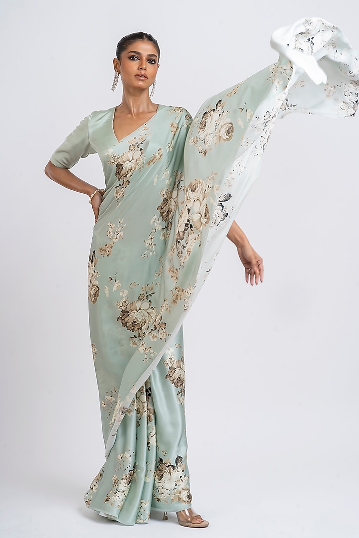Pearl Blue Pure Satin Silk Abstract Floral Printed Party Wear Saree by Studio 113 at Pernia's Pop Up Shop