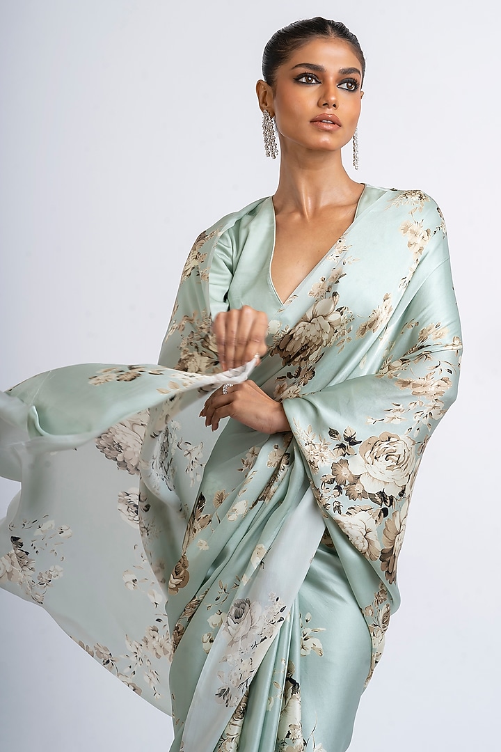 Pearl Blue Pure Satin Silk Abstract Floral Printed Party Wear Saree by Studio 113 at Pernia's Pop Up Shop