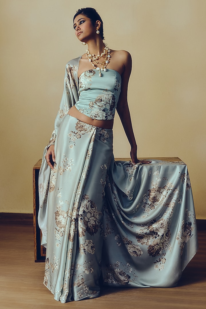 Pearl Blue Pure Satin Silk Abstract Floral Printed Corset by Studio 113 at Pernia's Pop Up Shop