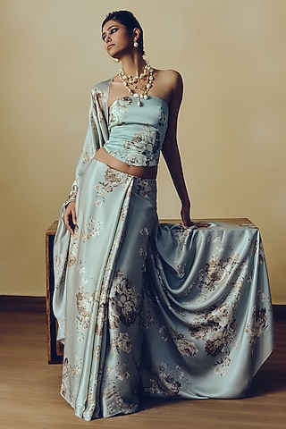 Pearl Blue Pure Satin Silk Abstract Floral Printed Corset by Studio 113