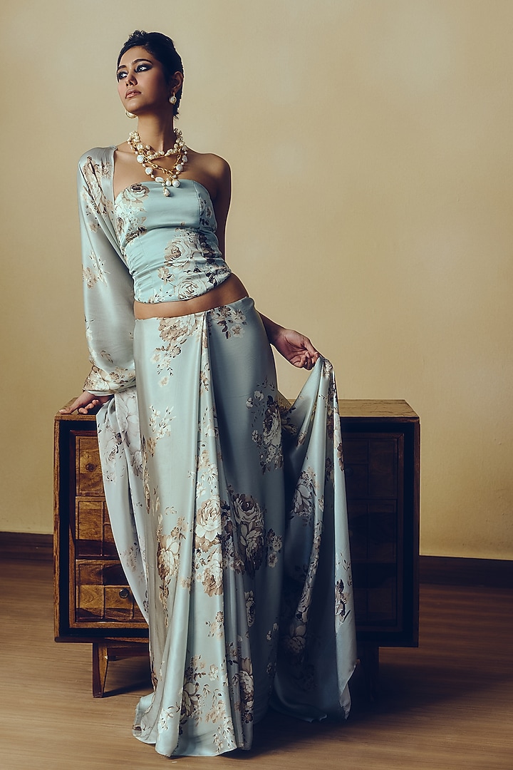 Pearl Blue Pure Satin Silk Abstract Floral Printed Corset by Studio 113 at Pernia's Pop Up Shop