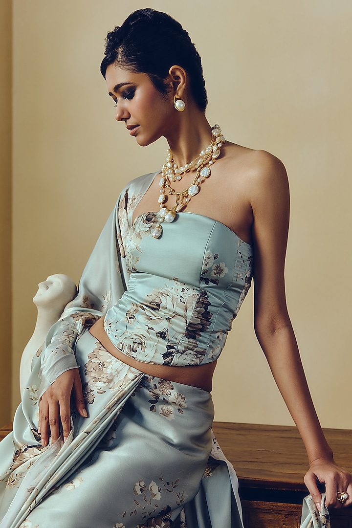 Pearl Blue Pure Satin Silk Abstract Floral Printed Corset by Studio 113 at Pernia's Pop Up Shop