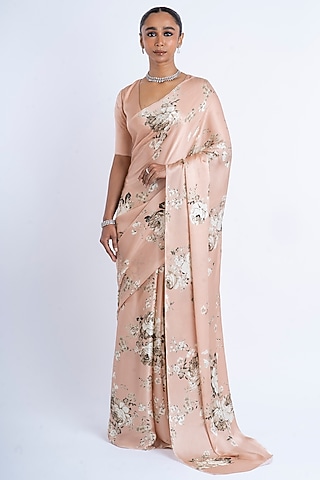 Blossom Pink Pure Satin Silk Abstract Floral Printed Saree by Studio 113