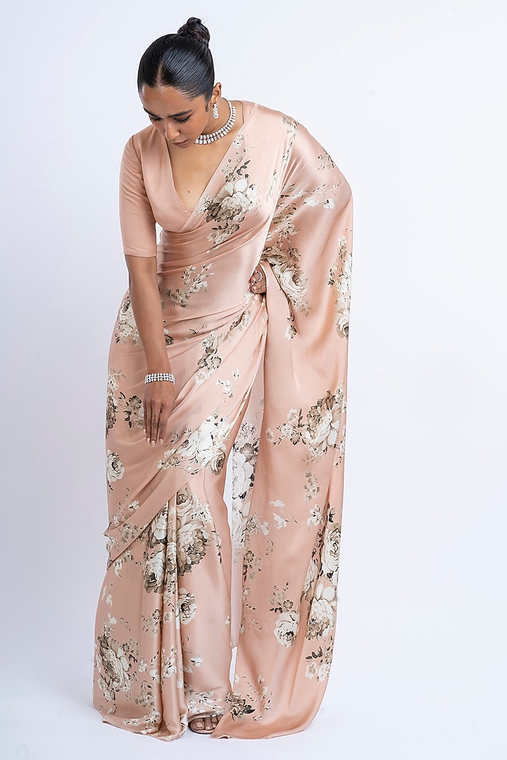 Blossom Pink Pure Satin Silk Abstract Floral Printed Party Wear Saree by Studio 113 at Pernia's Pop Up Shop