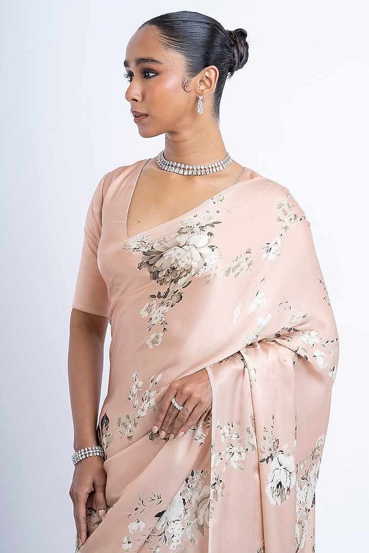 Blossom Pink Pure Satin Silk Abstract Floral Printed Party Wear Saree by Studio 113 at Pernia's Pop Up Shop