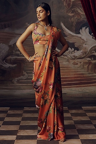 Burnt Rust Pure Satin Silk Digital Printed & Embroidered Saree by Studio 113