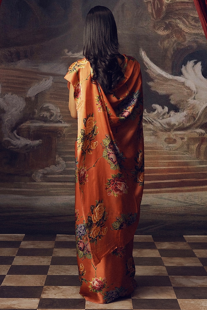 Burnt Rust Pure Satin Silk Digital Printed & Embroidered Party Wear Saree by Studio 113 at Pernia's Pop Up Shop