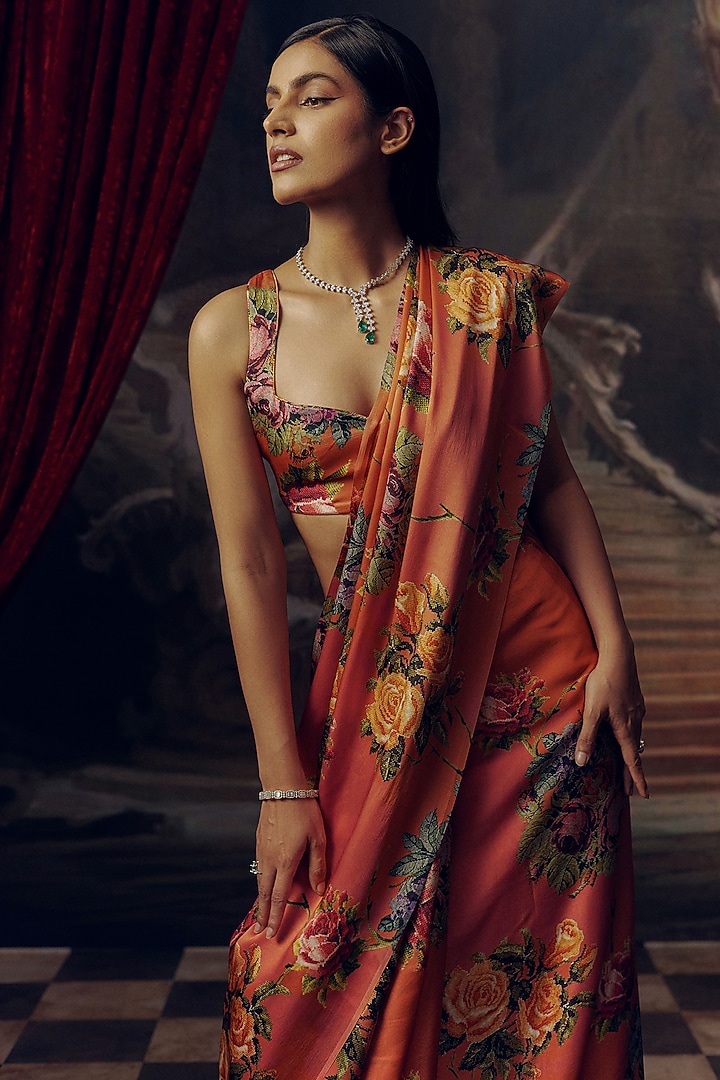 Burnt Rust Pure Satin Silk Digital Printed & Embroidered Party Wear Saree by Studio 113 at Pernia's Pop Up Shop