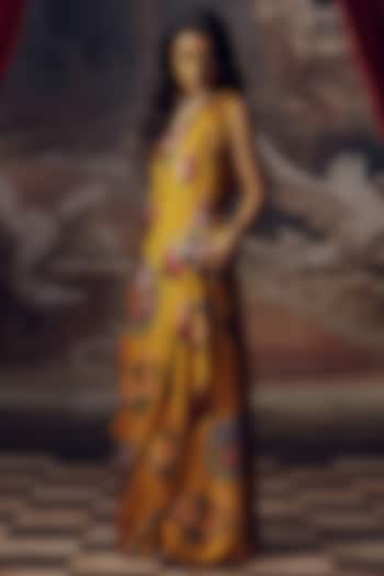 Apricot Pure Satin Silk Digital Printed & Embroidered Party Wear Saree by Studio 113 at Pernia's Pop Up Shop