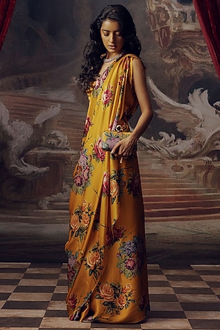 Apricot Pure Satin Silk Digital Printed & Embroidered Saree by Studio 113