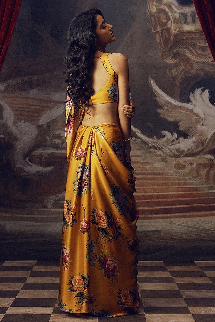 Apricot Pure Satin Silk Digital Printed & Embroidered Party Wear Saree by Studio 113 at Pernia's Pop Up Shop