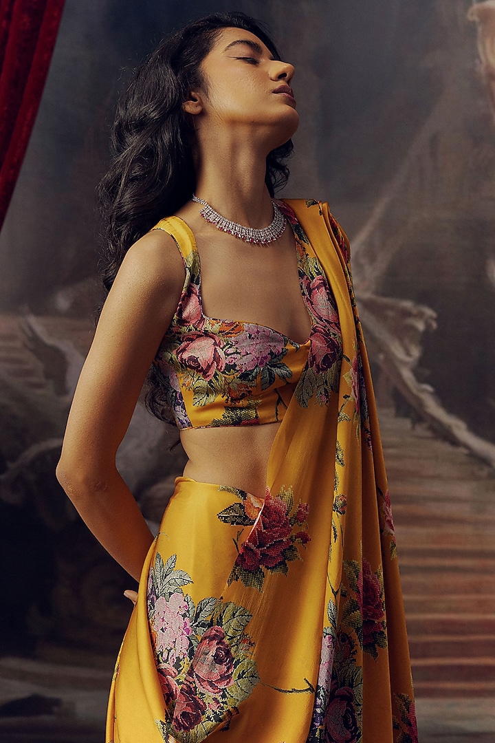 Apricot Pure Satin Silk Digital Printed & Embroidered Party Wear Saree by Studio 113 at Pernia's Pop Up Shop