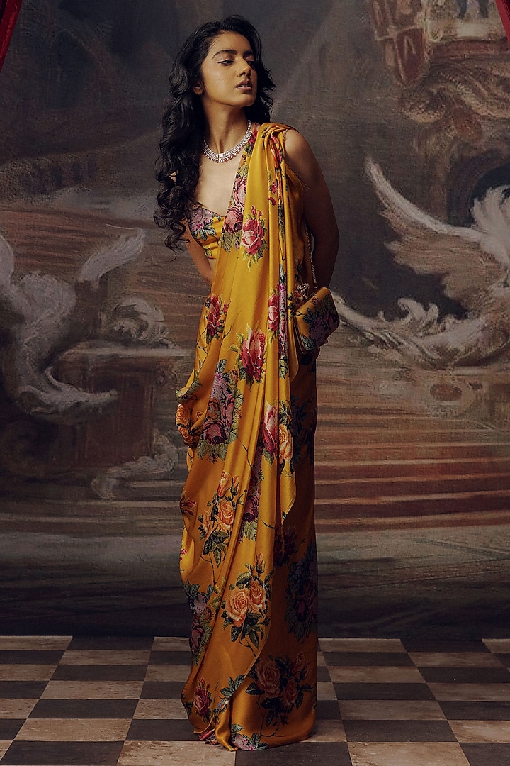 Apricot Pure Satin Silk Digital Printed & Embroidered Party Wear Saree by Studio 113 at Pernia's Pop Up Shop
