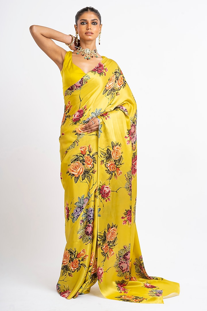 Lime Yellow Pure Satin Silk Digital Printed & Embroidered Party Wear Saree by Studio 113 at Pernia's Pop Up Shop