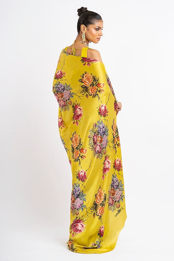 Lime Yellow Pure Satin Silk Digital Printed & Embroidered Party Wear Saree by Studio 113 at Pernia's Pop Up Shop