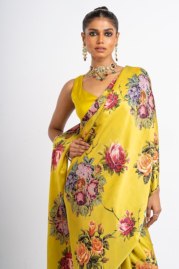 Lime Yellow Pure Satin Silk Digital Printed & Embroidered Party Wear Saree by Studio 113 at Pernia's Pop Up Shop