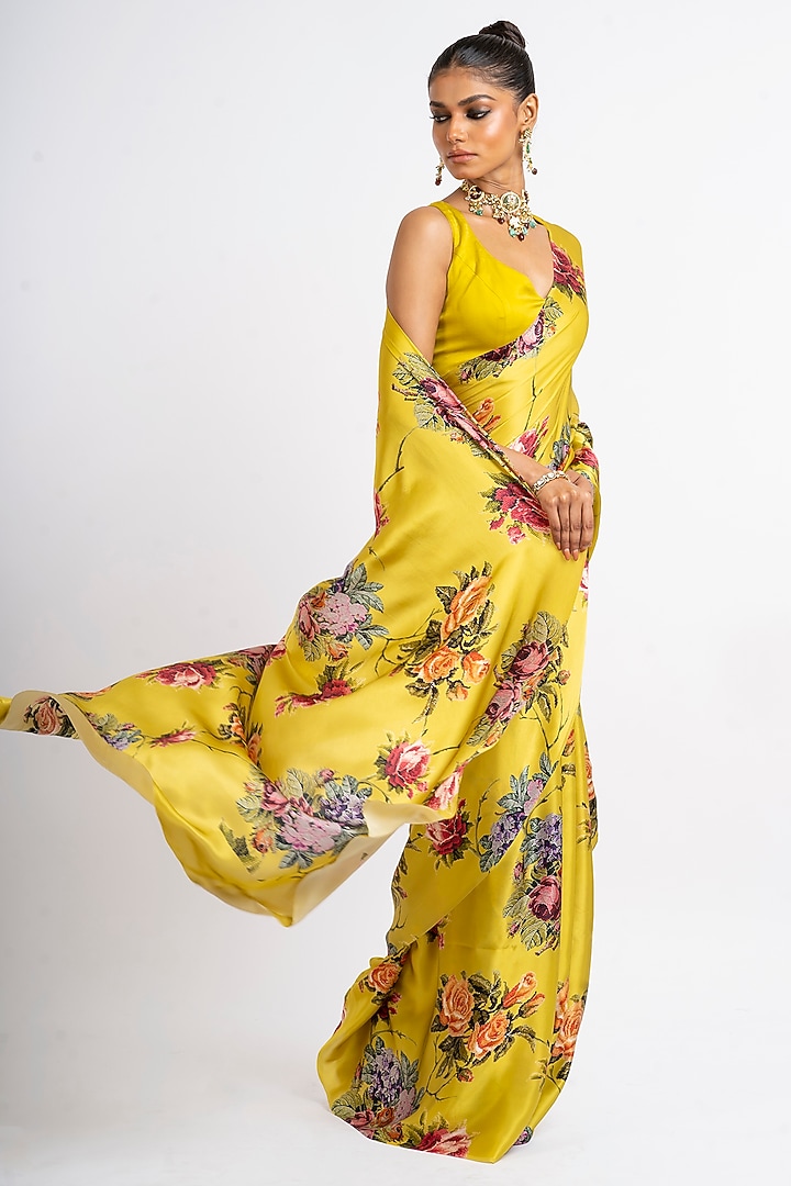 Lime Yellow Pure Satin Silk Digital Printed & Embroidered Party Wear Saree by Studio 113 at Pernia's Pop Up Shop