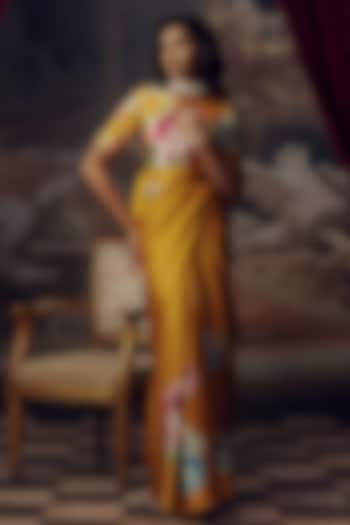 Orange Pure Satin Silk Floral Hand Painted Party Wear Saree by Studio 113 at Pernia's Pop Up Shop
