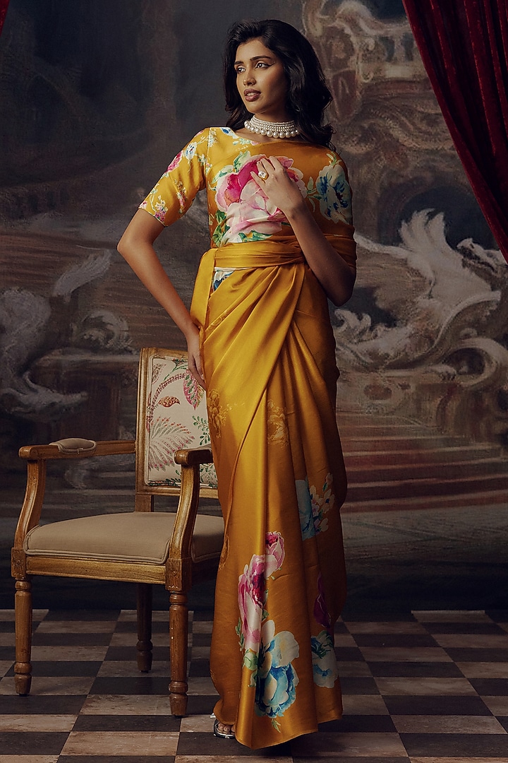 Orange Pure Satin Silk Floral Hand Painted Party Wear Saree by Studio 113 at Pernia's Pop Up Shop