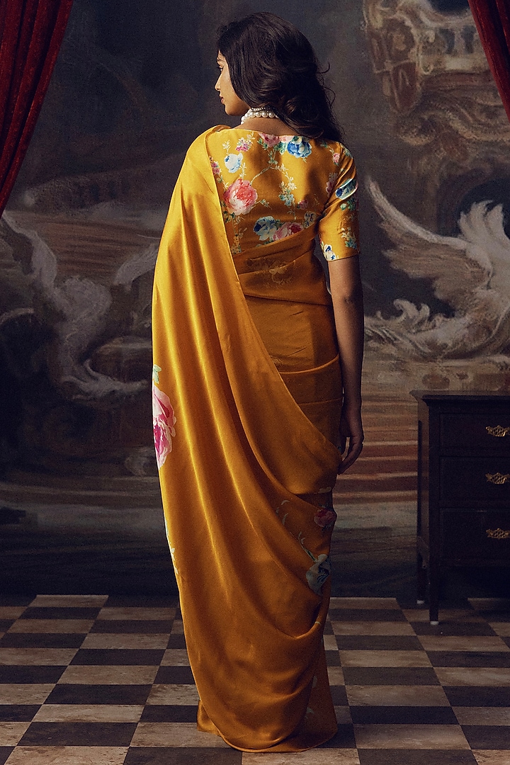 Orange Pure Satin Silk Floral Hand Painted Party Wear Saree by Studio 113 at Pernia's Pop Up Shop