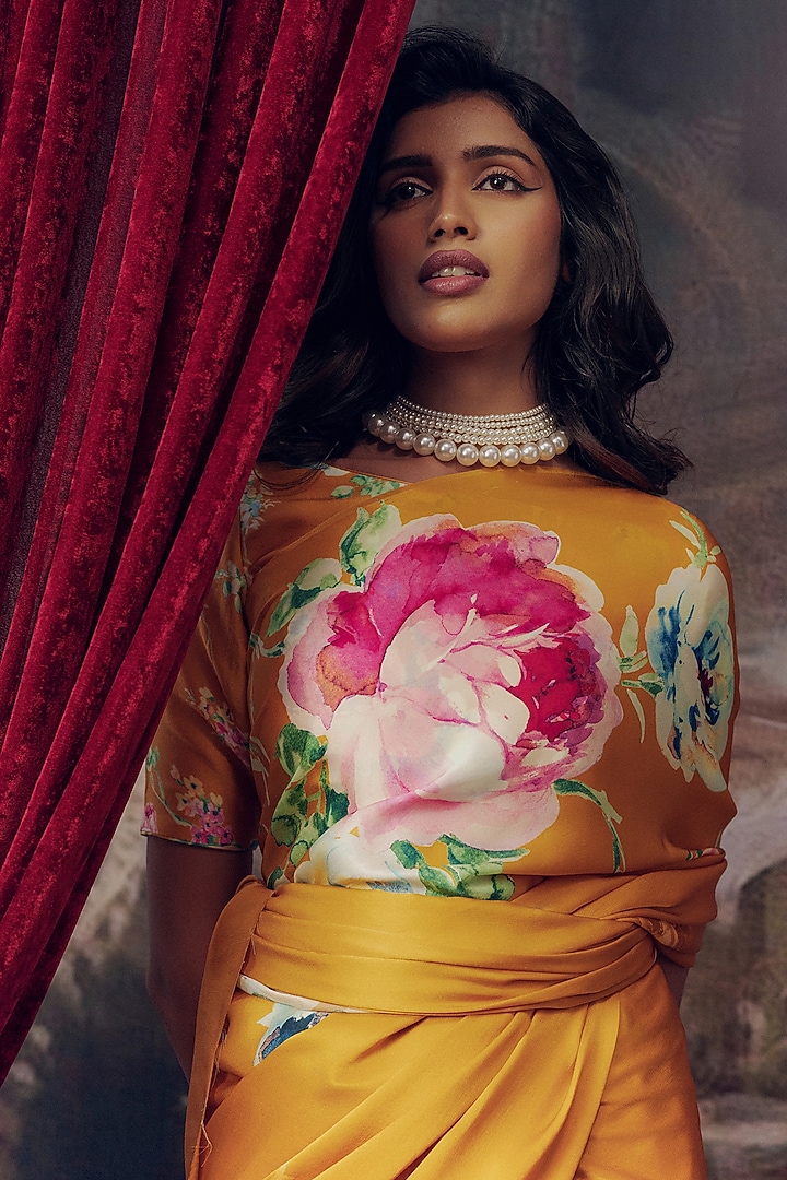 Orange Pure Satin Silk Floral Hand Painted Party Wear Saree by Studio 113 at Pernia's Pop Up Shop