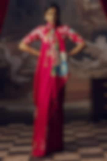 Magenta Pink Pure Satin Silk Floral Hand Painted Party Wear Saree by Studio 113 at Pernia's Pop Up Shop
