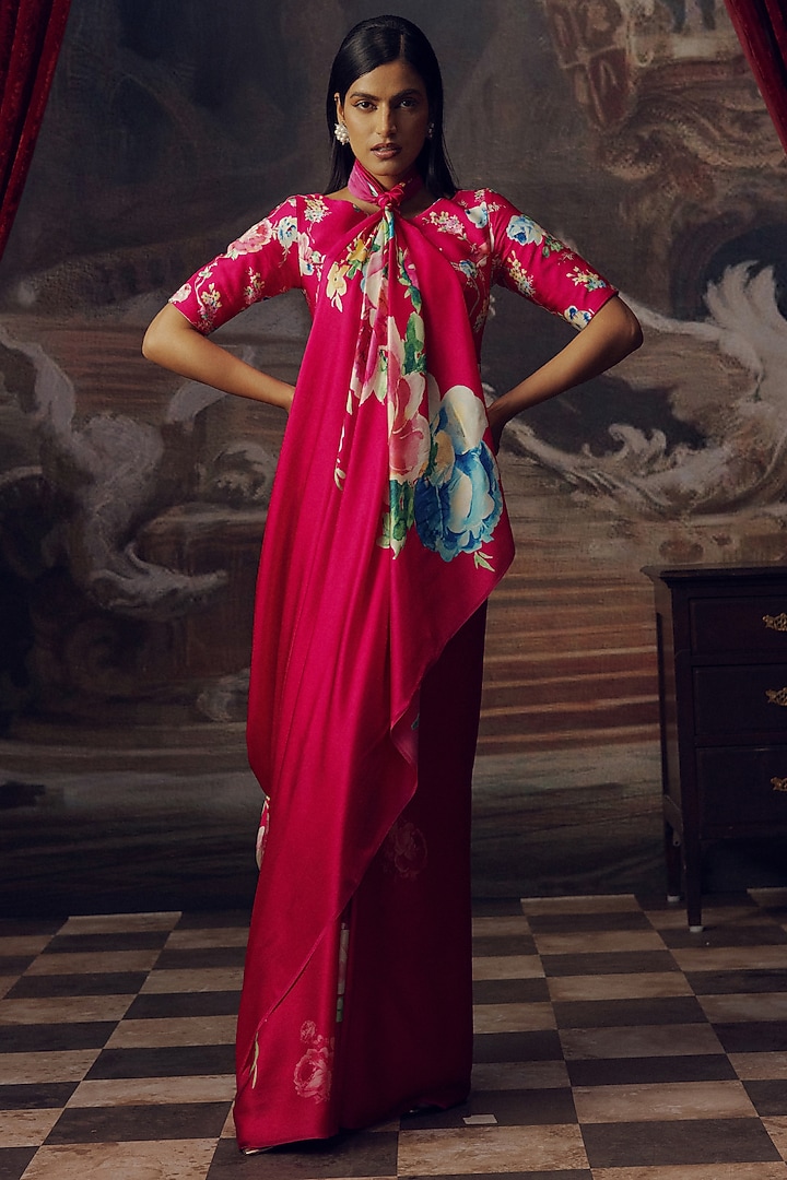 Magenta Pink Pure Satin Silk Floral Hand Painted Party Wear Saree by Studio 113 at Pernia's Pop Up Shop