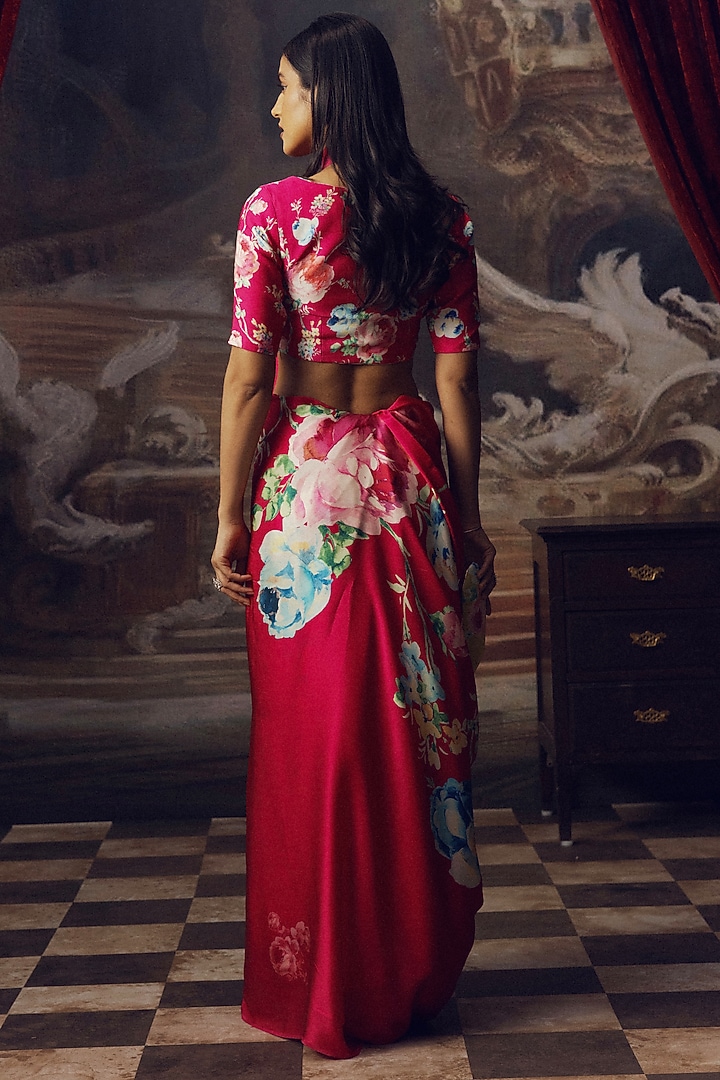 Magenta Pink Pure Satin Silk Floral Hand Painted Party Wear Saree by Studio 113 at Pernia's Pop Up Shop