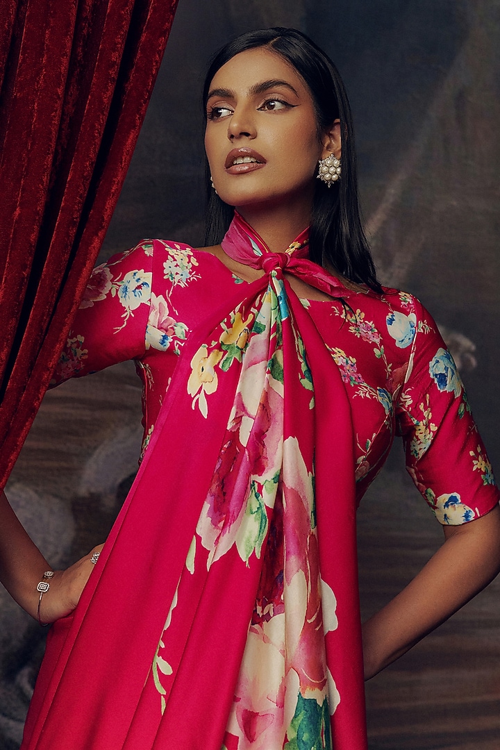 Magenta Pink Pure Satin Silk Floral Hand Painted Party Wear Saree by Studio 113 at Pernia's Pop Up Shop