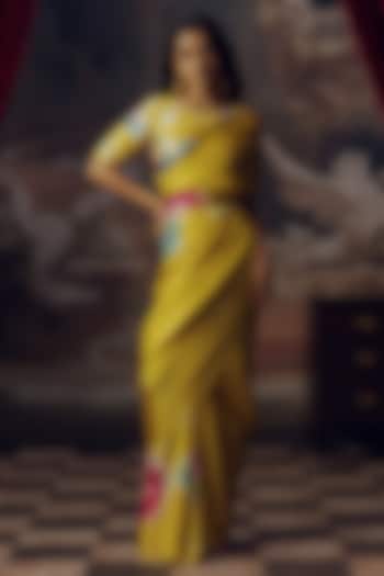 Canary Yellow Pure Satin Silk Floral Hand Painted Party Wear Saree by Studio 113 at Pernia's Pop Up Shop