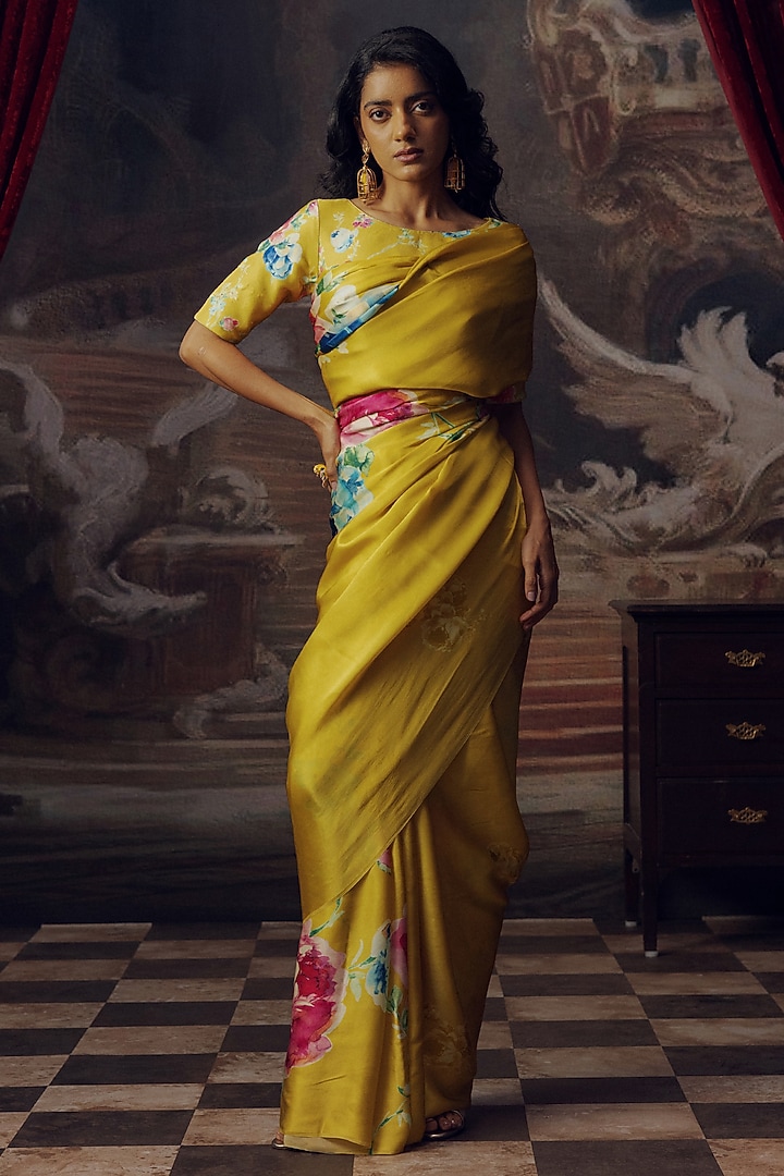 Canary Yellow Pure Satin Silk Floral Hand Painted Party Wear Saree by Studio 113 at Pernia's Pop Up Shop