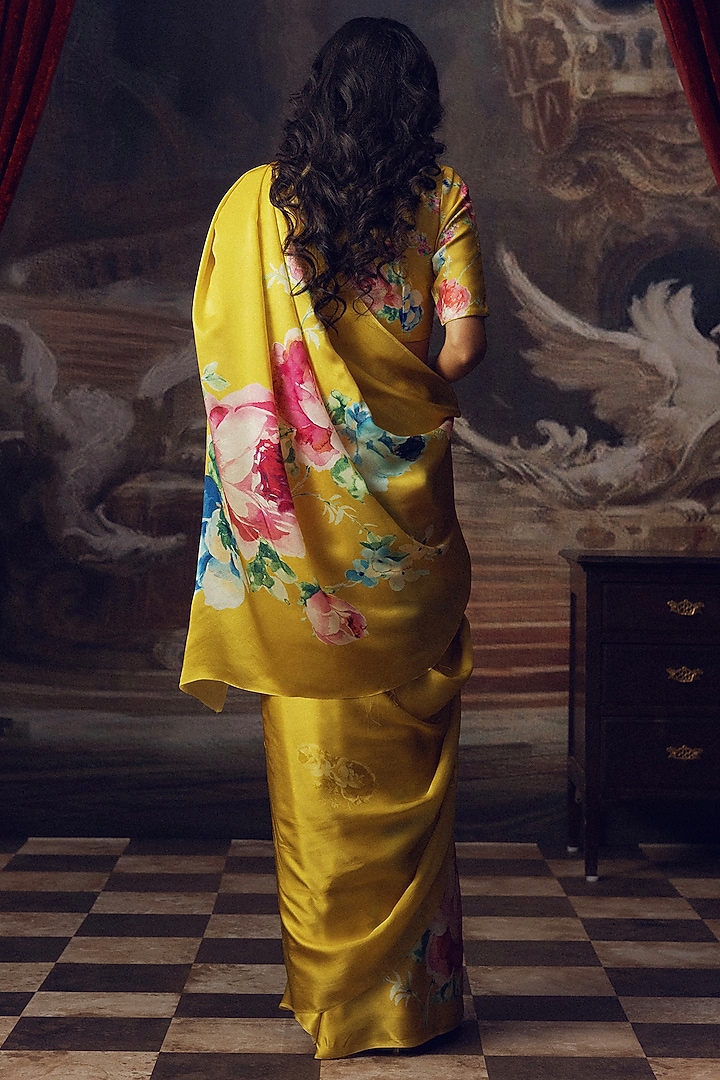 Canary Yellow Pure Satin Silk Floral Hand Painted Party Wear Saree by Studio 113 at Pernia's Pop Up Shop