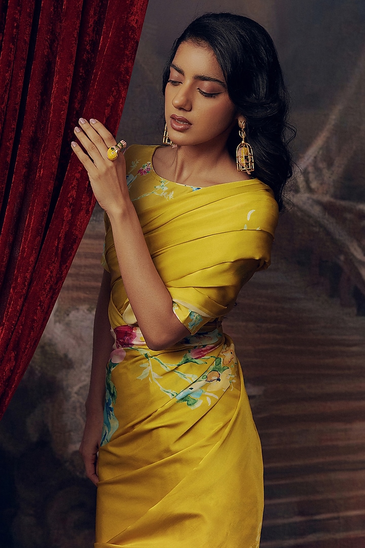 Canary Yellow Pure Satin Silk Floral Hand Painted Party Wear Saree by Studio 113 at Pernia's Pop Up Shop