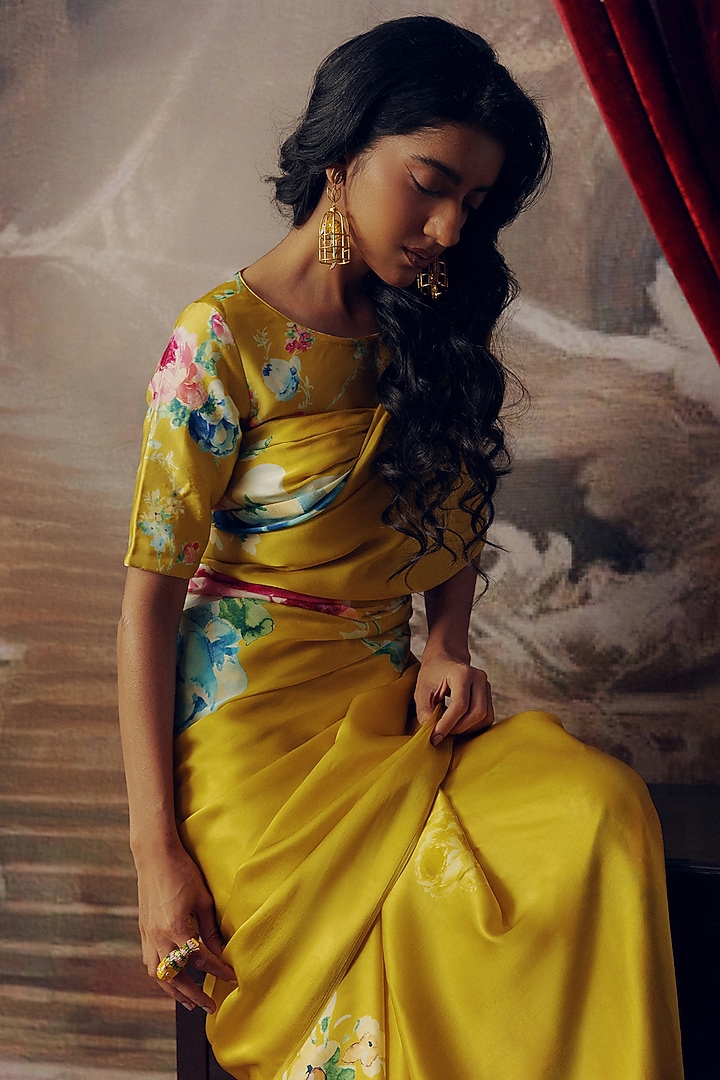 Canary Yellow Pure Satin Silk Floral Hand Painted Party Wear Saree by Studio 113 at Pernia's Pop Up Shop