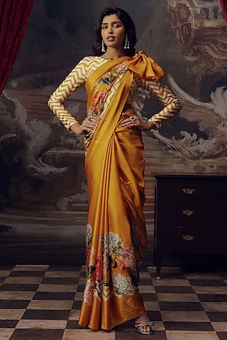 Tangerine Pure Satin Silk Chevron Printed Saree by Studio 113