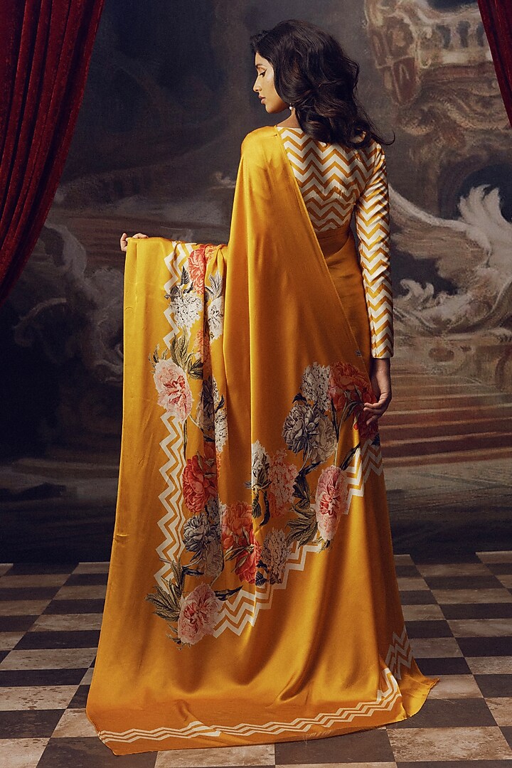 Tangerine Pure Satin Silk Chevron Printed Party Wear Saree by Studio 113 at Pernia's Pop Up Shop