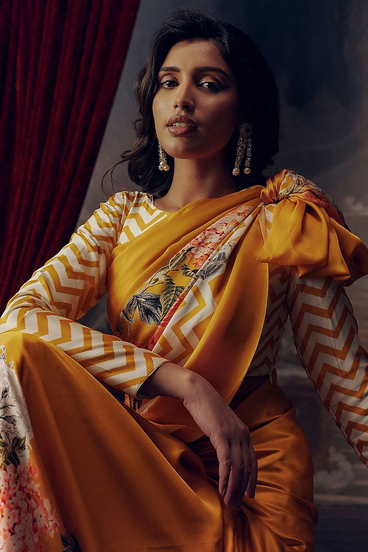 Tangerine Pure Satin Silk Chevron Printed Party Wear Saree by Studio 113 at Pernia's Pop Up Shop