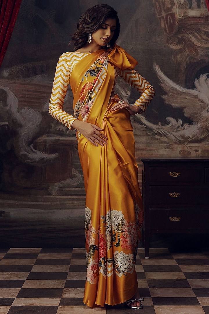 Tangerine Pure Satin Silk Chevron Printed Party Wear Saree by Studio 113 at Pernia's Pop Up Shop