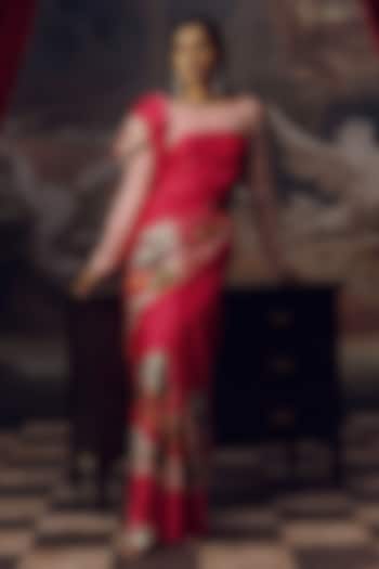 Rani Pink Pure Satin Silk Chevron Printed Party Wear Saree by Studio 113 at Pernia's Pop Up Shop