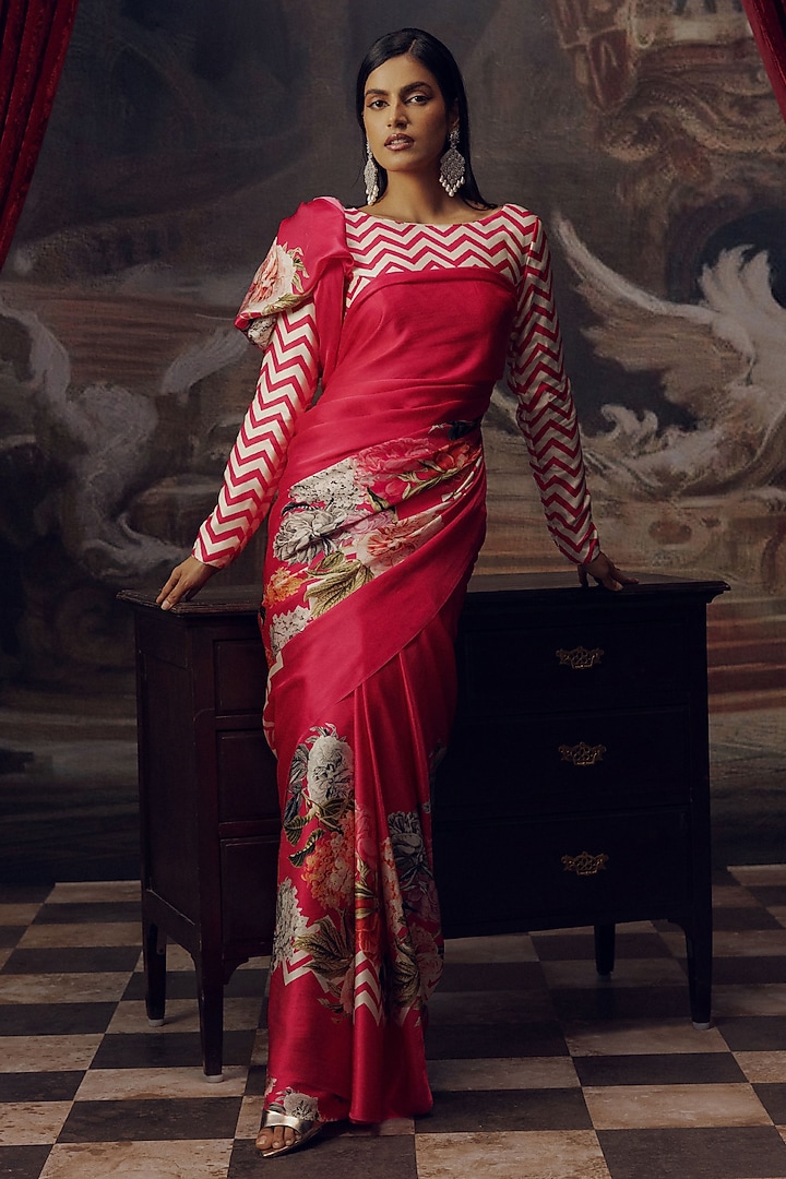 Rani Pink Pure Satin Silk Chevron Printed Party Wear Saree by Studio 113 at Pernia's Pop Up Shop