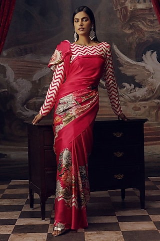 Rani Pink Pure Satin Silk Chevron Printed Saree by Studio 113