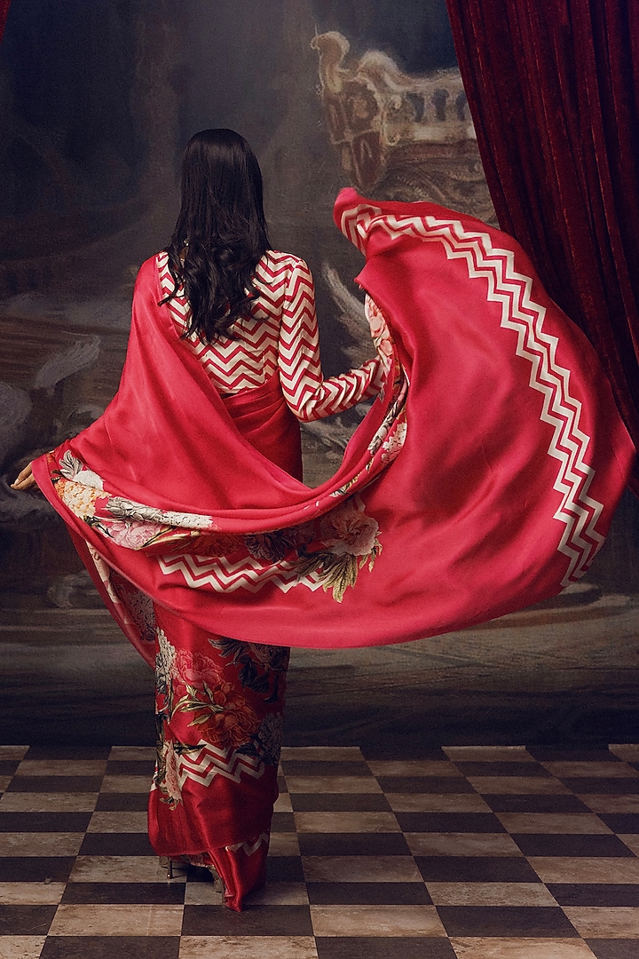 Rani Pink Pure Satin Silk Chevron Printed Party Wear Saree by Studio 113 at Pernia's Pop Up Shop