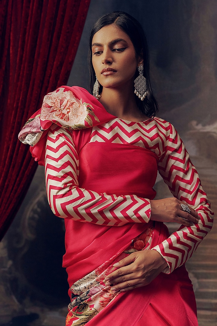 Rani Pink Pure Satin Silk Chevron Printed Party Wear Saree by Studio 113 at Pernia's Pop Up Shop
