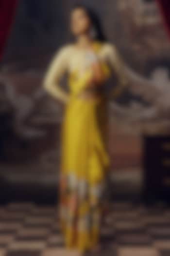 Canary Yellow Pure Satin Silk Chevron Printed Party Wear Saree by Studio 113 at Pernia's Pop Up Shop