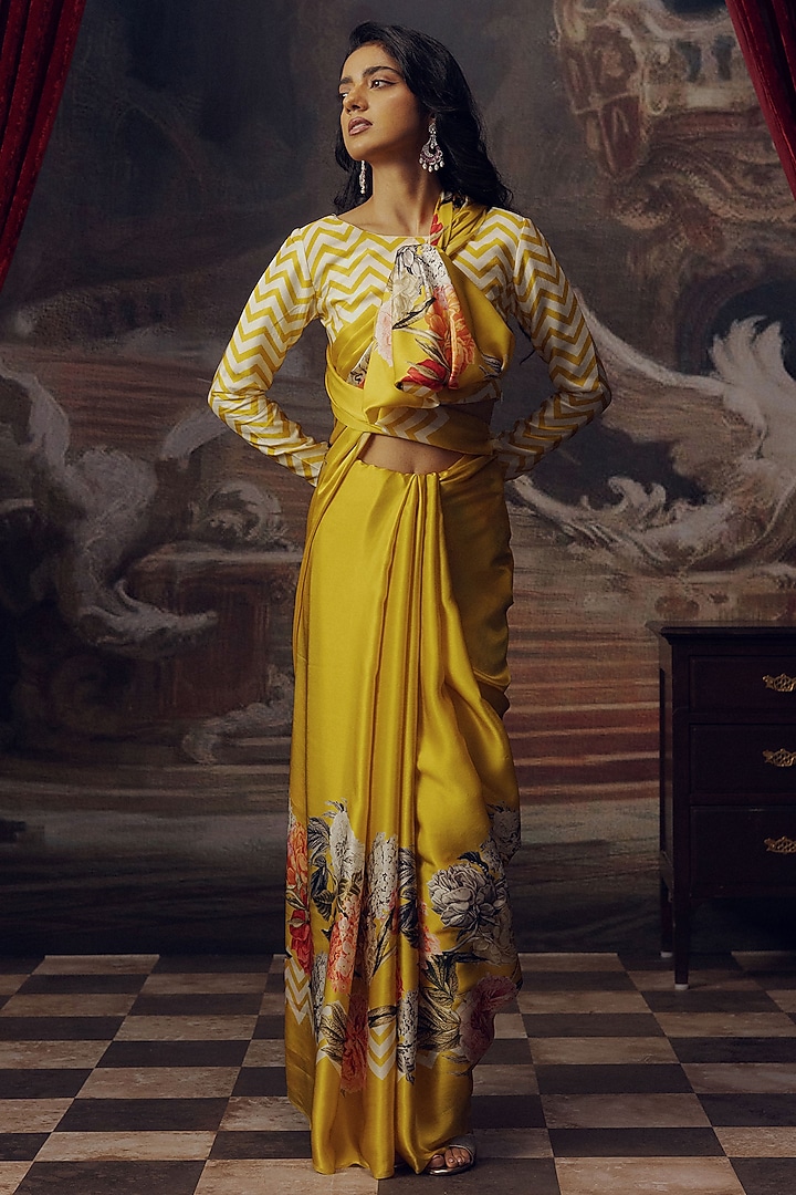 Canary Yellow Pure Satin Silk Chevron Printed Party Wear Saree by Studio 113 at Pernia's Pop Up Shop