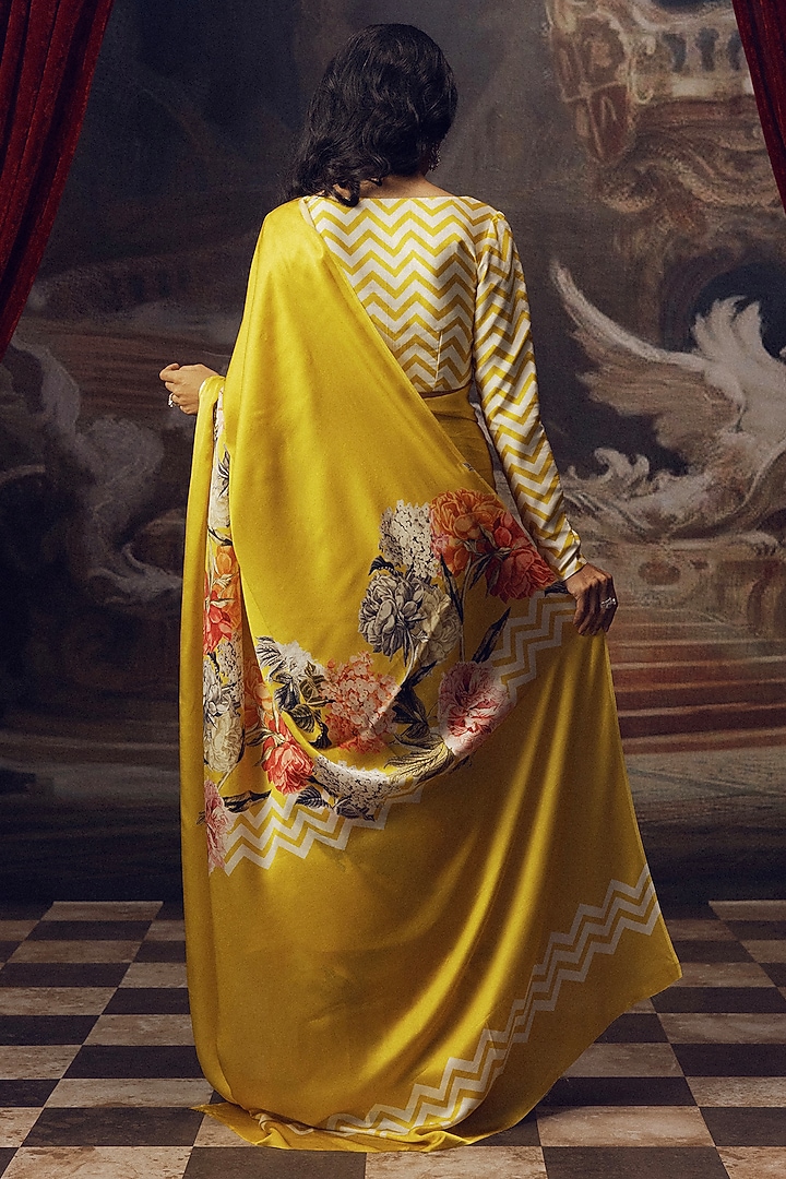 Canary Yellow Pure Satin Silk Chevron Printed Party Wear Saree by Studio 113 at Pernia's Pop Up Shop