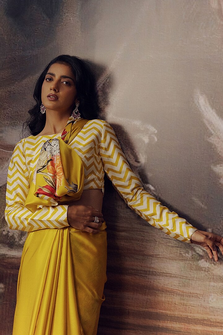 Canary Yellow Pure Satin Silk Chevron Printed Party Wear Saree by Studio 113 at Pernia's Pop Up Shop