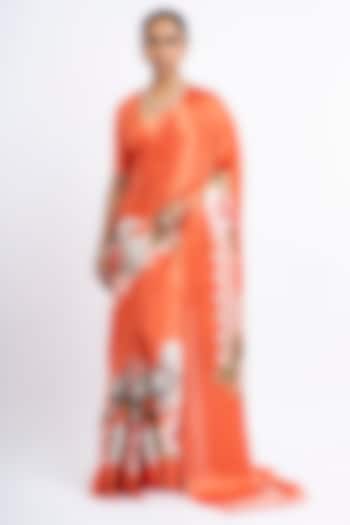 Rust Pure Satin Silk Hand Painted Party Wear Saree by Studio 113 at Pernia's Pop Up Shop