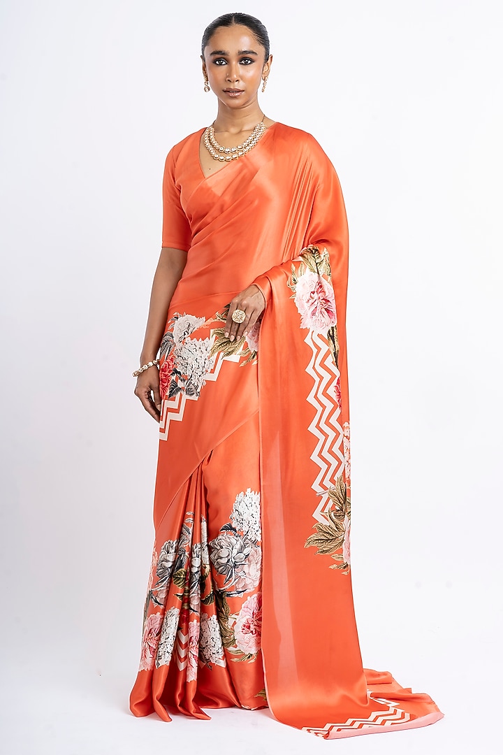 Rust Pure Satin Silk Hand Painted Party Wear Saree by Studio 113 at Pernia's Pop Up Shop